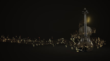 A violin with flying sheet music. 3d illustration.の写真素材