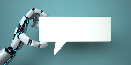 A robot hand with a white speech bubble. 3d illustration.の写真素材