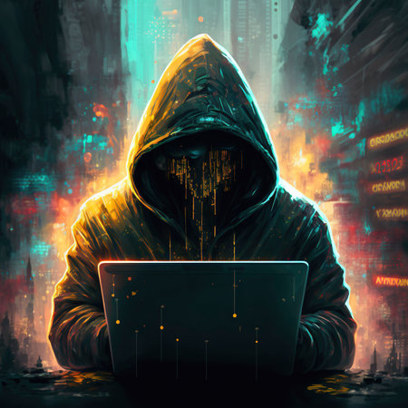 An abstract hacker with hoodie and a notebook. Generative AI.の素材