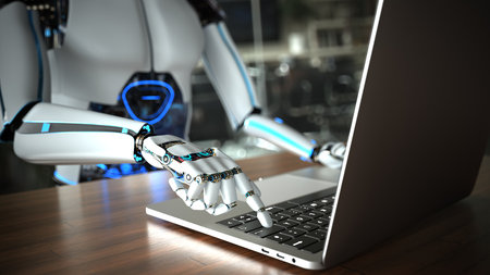 Humanoid robot typing on computer in office. 3d illustration.の写真素材