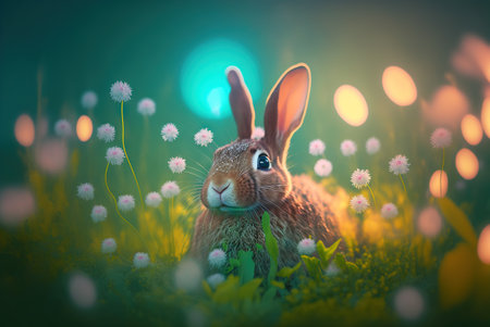 A hare in the grass with flowers and bokeh. Generative AI.の素材