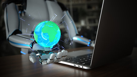 Humanoid robot in the office with a notebook and a virtual globe. 3d illustration.の写真素材