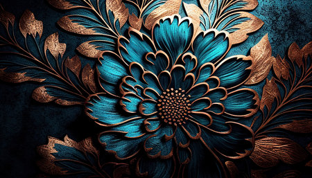 Floral ornaments with blue and copper colors. Generative AI.の素材