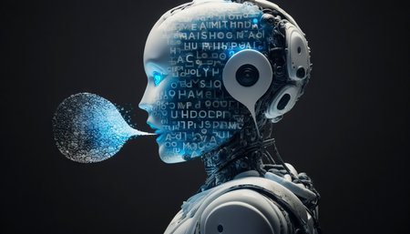 A speaking robot with a speech bubble. Generative AI.の写真素材