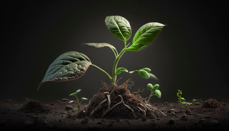 A seedling in the black soil. Generative AI.の素材