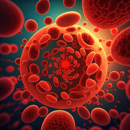 Red blood cells under the microscope. Generative AI.の素材