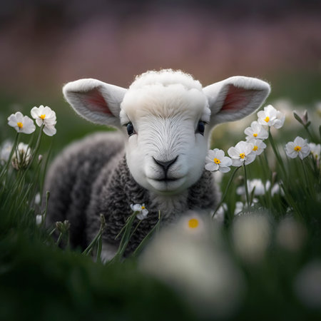 A lamb in the flower meadow in spring. Generative AIの素材