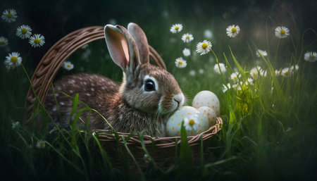 A basket with hare and colored easter eggs in the grass. Generative AI.の素材