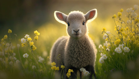 A lamb in the flower meadow in spring. Generative AIの素材