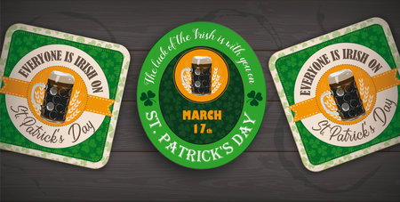 Banner with beer coaster and label for St Patricks Day on the dark wooden background.  Eps 10 vector file.のイラスト素材