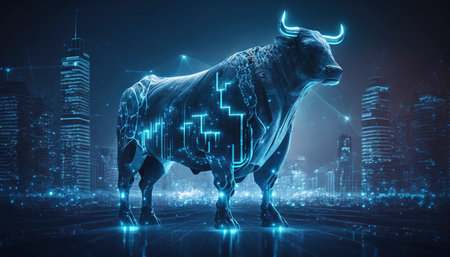 A stock market bull in the city. Generative AIの素材