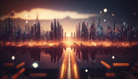 Networked city at the sunset. Generative AIの素材