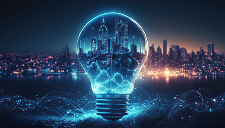 A bulb with a city in the background. Generative AI.の素材