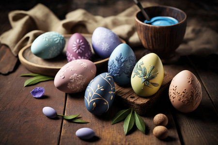 Colored easter eggs on the wooden table. Generative AIの素材