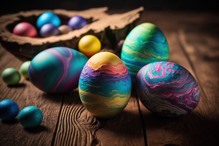 Colored easter eggs on the wooden table. Generative AIの素材