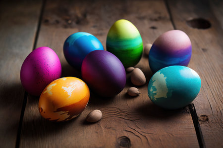 Colored easter eggs on the wooden table. Generative AIの素材