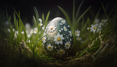 Latvian easter egg in the meadow. Generative AI.の素材