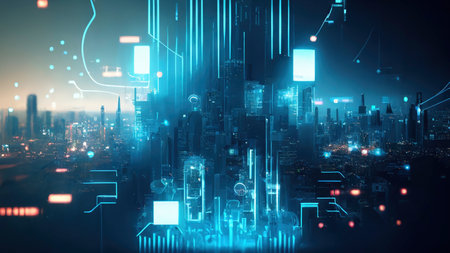 A smart digital city at night. Generative AIの素材