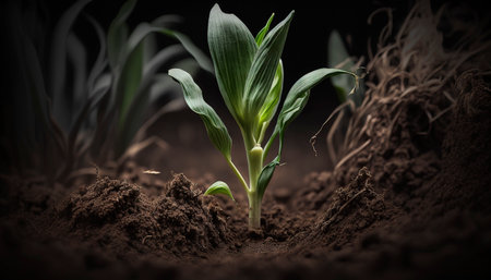 A corn seedling in the soil. Generative AIの素材