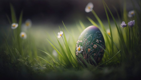 Latvian easter egg in the meadow. Generative AI.の素材