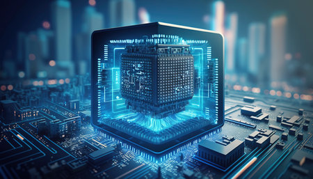 A processor with city in the background. Generative AI.の素材
