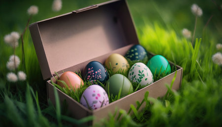 Colored easter eggs in the box in the meadow. Generative AIの素材