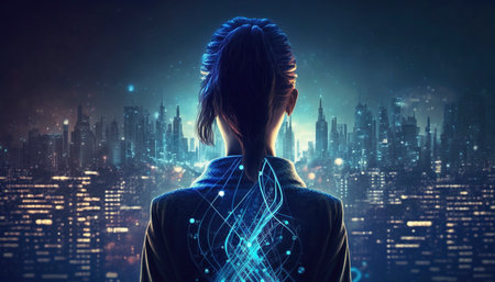 Woman in the digital city. Generative AIの素材