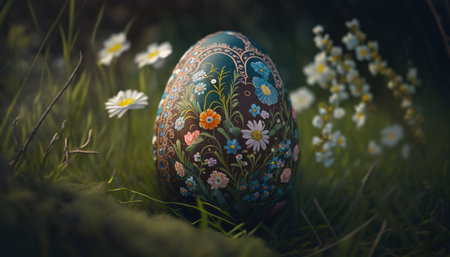 Latvian easter egg in the meadow. Generative AI.の素材