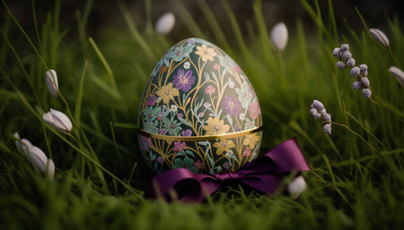 Latvian easter egg in the meadow. Generative AI.の素材