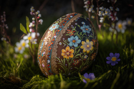 Latvian easter egg in the meadow. Generative AI.の素材