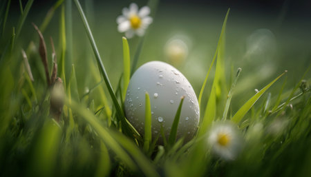 Colored easter egg in the meadow. Generative AIの素材