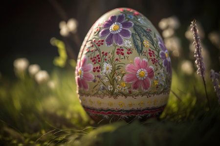 Latvian easter egg in the meadow. Generative AI.の素材