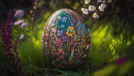 Colored ukrainian easter egg in the meadow. Generative AIの素材