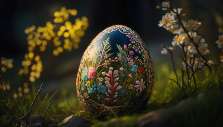 Colored ukrainian easter egg in the meadow. Generative AIの素材