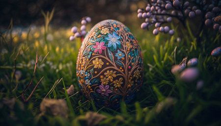 Latvian easter egg in the meadow. Generative AI.の素材