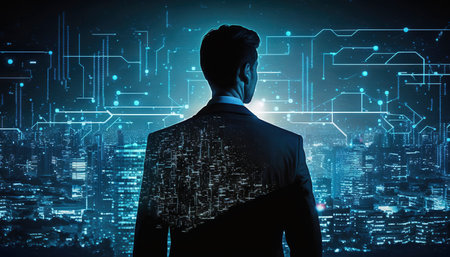 Businessman in the digital city. Generative AIの素材
