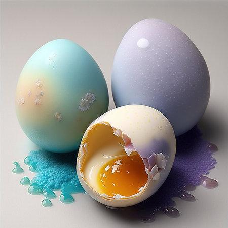 Colored easter eggs on the table. Generative AIの素材