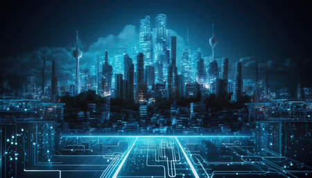 A smart digital city at night. Generative AIの素材