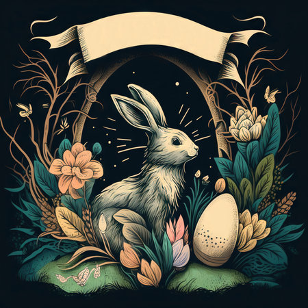 Easter illustration with hare and easter eggs. Generative AI.の素材