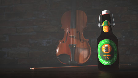 St. Patrick's Day beer bottle with a violine on the wooden table. 3d illustration.の写真素材