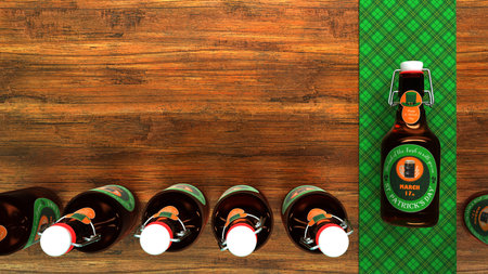 St. Patrick's Day beer bottles on the wooden table. 3d illustration.の写真素材