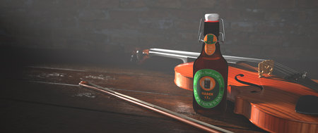 St. Patrick's Day beer bottle with a violine on the wooden table. 3d illustration.の写真素材