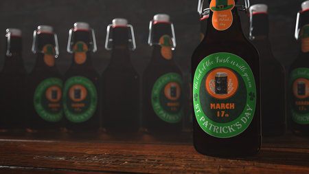 St. Patrick's Day beer bottles on the green table. 3d illustration.の写真素材
