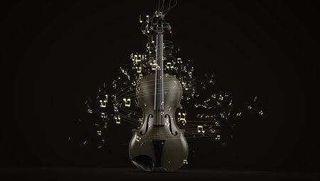 A violin with flying sheet music. 3d illustration.の写真素材