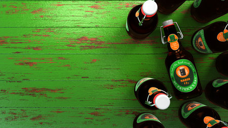 St. Patrick's Day beer bottles on the green table. 3d illustration.の写真素材