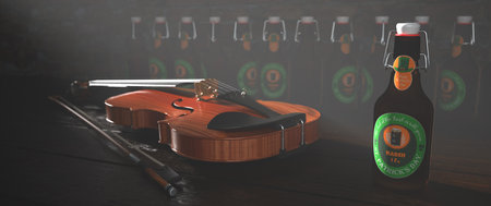 St. Patrick's Day beer bottle with a violine on the wooden table. 3d illustration.の写真素材
