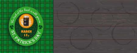 St Patricks Day beer label and green tartan on the dark wooden background.  Eps 10 vector file.のイラスト素材