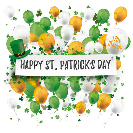 White cover for St. Patrick's Day with banner, balloons and shamrocks. Eps 10 vector file.のイラスト素材