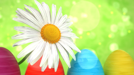 Colored easter eggs with a daisy flower in the green nature. 3d illustration.の写真素材