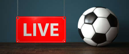 Classic football and red sign with the text Live. 3d illustration.の写真素材